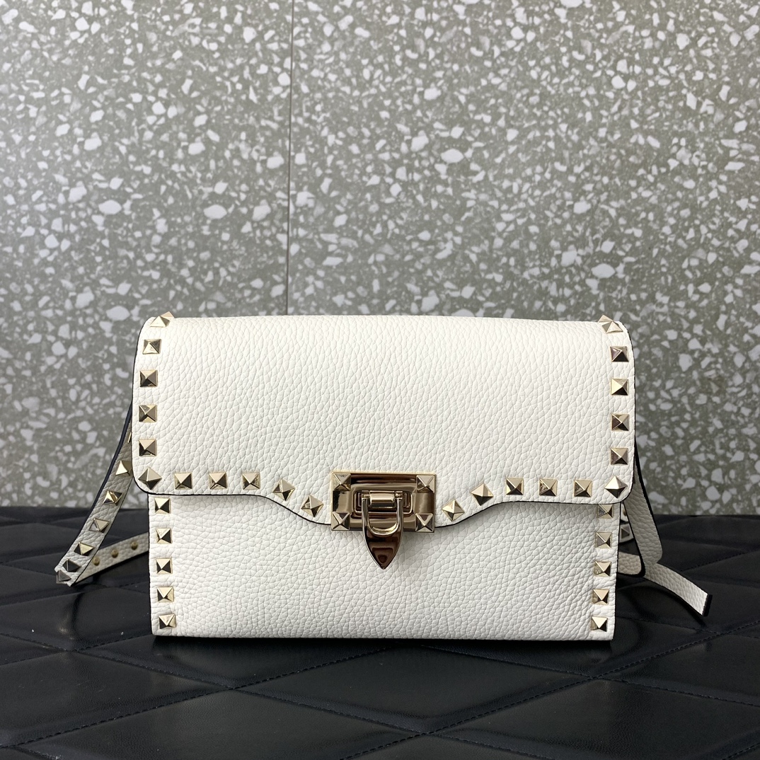 Valentino Garavani Rockstud Crossbody Bag in Ivory Grainy Calfskin